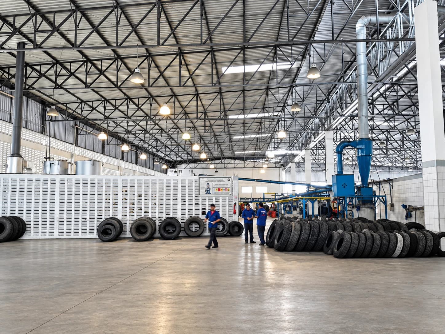 Galpão da reformadora na matriz da Sete Pneus, com pneus organizados e equipe trabalhando